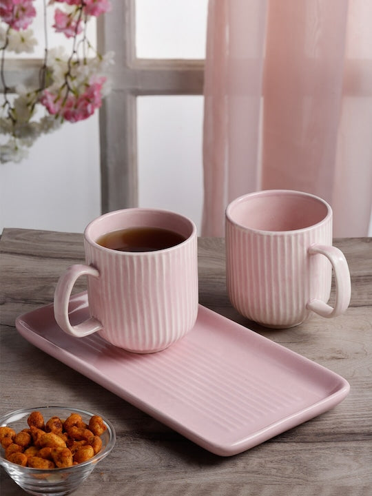 3 Pieces Textured Ceramic Matte Mugs & Tray