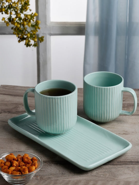 3 Pieces Textured Ceramic Matte Mugs & Tray