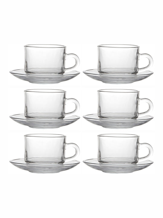 Transparent Set of 6 Glass Cups and Saucers