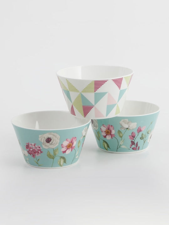 White & Teal-Blue 3 Pieces Printed Ceramic Bowls 470ml Each