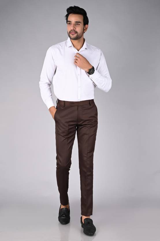 Men Regular Fit Maroon Cotton Blend Trousers