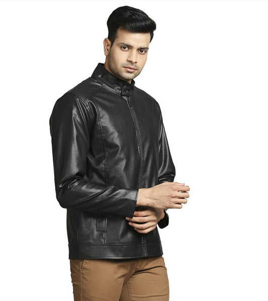 Men Solid Leather Jacket