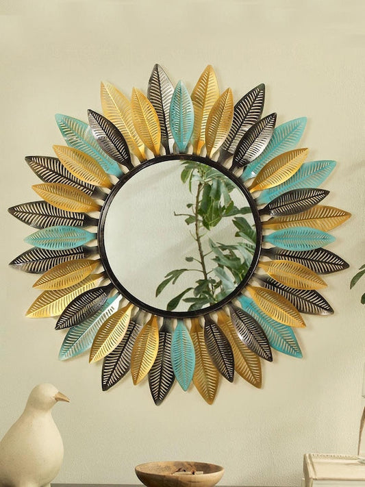 Gold-Toned & Blue Textured Sunflower Framed Wall Decor Mirror