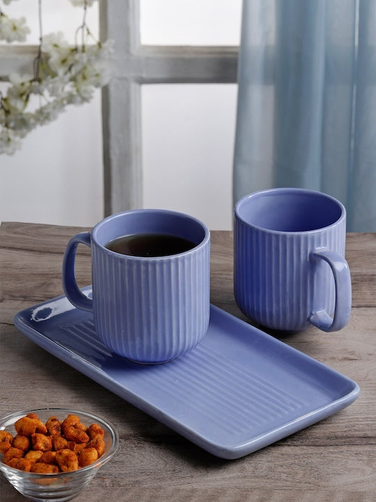 3 Pieces Textured Ceramic Matte Mugs & Tray