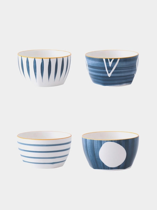 Set Of 4 White & Blue Nitori Ceramic Side Bowls 350 ml Each