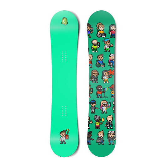 Top and bottom view of a snowboard. The top view shows a pixelated Shopify bag logo and a pixelated
          character reviewing a clipboard with a questioning expression with a bright green-blue background. The bottom
          view is a pattern of many pixel characters with a bright green-blue background.