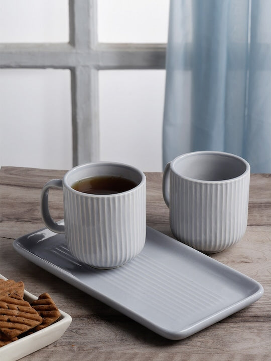 3 Pieces Textured Ceramic Matte Mugs & Tray