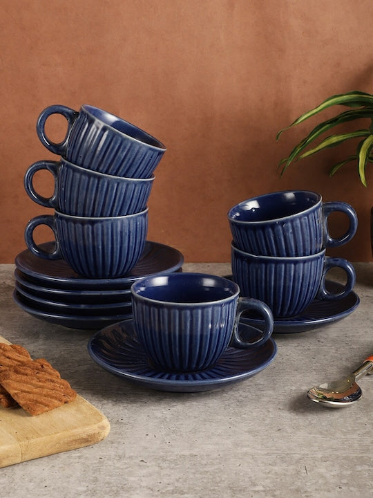 Textured Ceramic Glossy Cups & Saucers Set