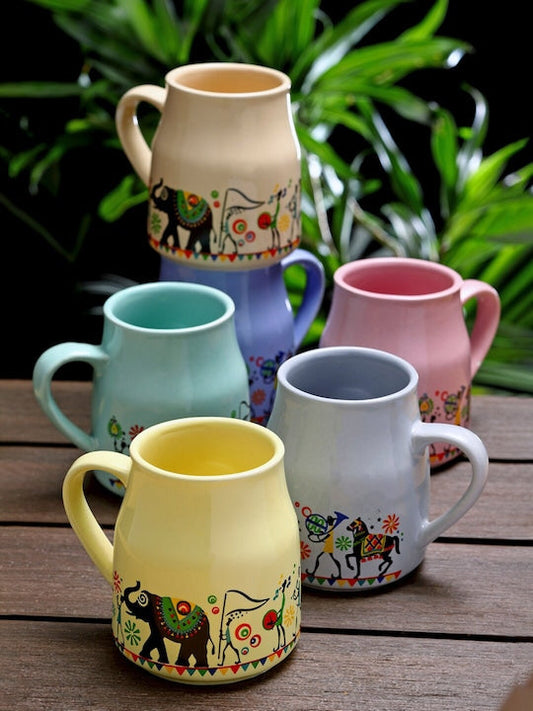 Yellow & Blue Ethnic Motifs Printed Ceramic Glossy Cups Set of Cups and Mugs