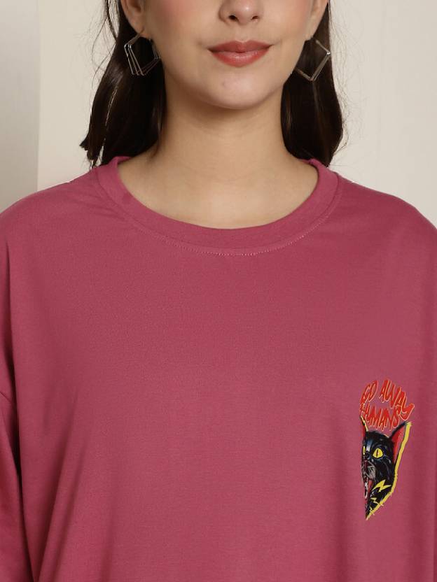Typography, Printed Women Round Neck Cotton Blend Pink T-Shirt