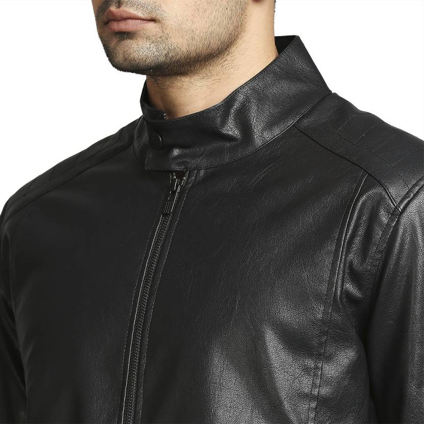 Men Solid Leather Jacket