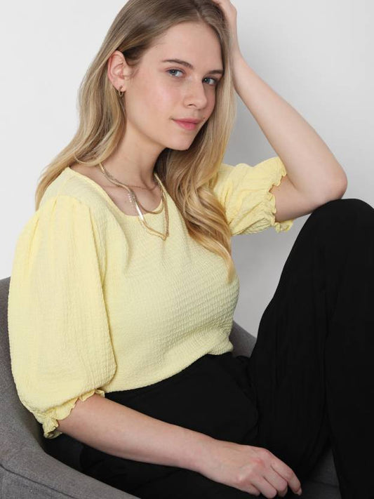 Casual Regular Sleeves Solid Women Yellow Top