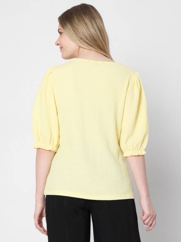 Casual Regular Sleeves Solid Women Yellow Top