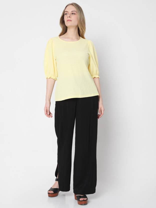 Casual Regular Sleeves Solid Women Yellow Top