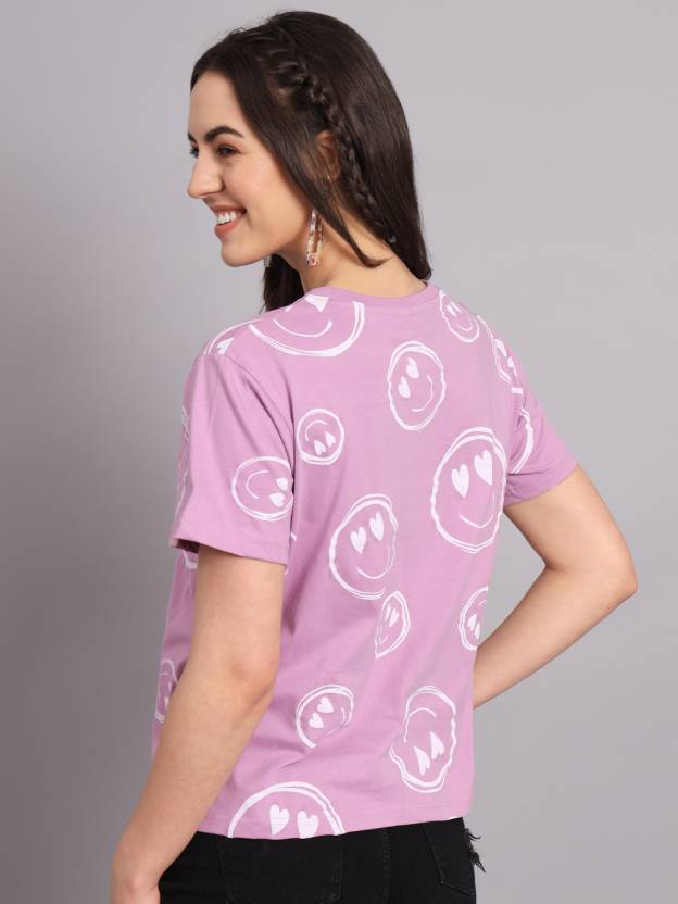 Women Printed Round Neck Pure Cotton Purple T-Shirt