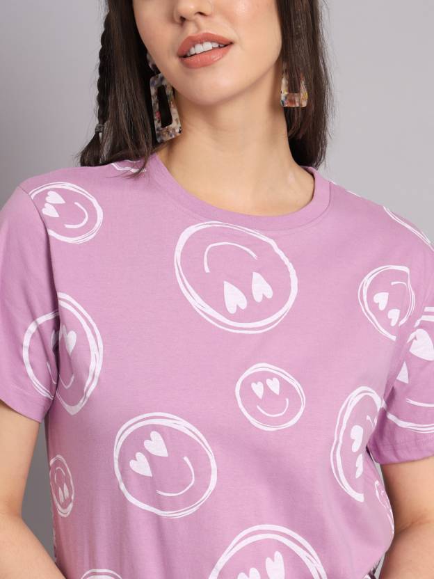 Women Printed Round Neck Pure Cotton Purple T-Shirt