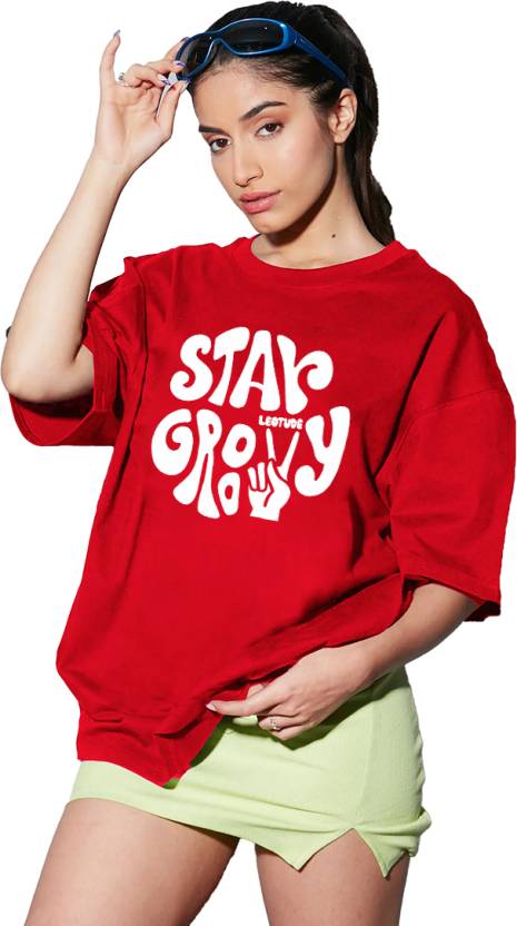 Women Printed Round Neck Cotton Blend Red T-Shirt