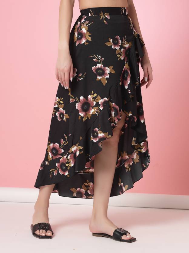 Women Floral Print A-line Black Skirt